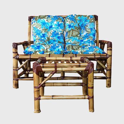 Imagem de Sofá Bambu 2 Lugares com Mesa e Almofadas Floral Azul Varanda