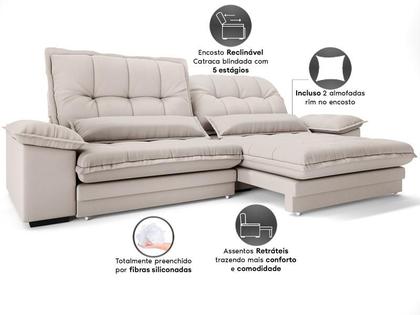 Imagem de Sofá Bergamo 2,10m Assento Retrátil e Reclinável Velosuede Areia - NETSOFAS