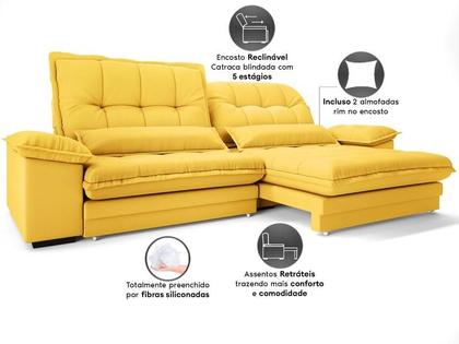 Imagem de Sofá Bergamo 2,10m Assento Retrátil e Reclinável Velosuede Canário - NETSOFAS