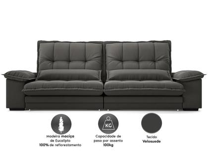 Imagem de Sofá Bergamo 2,10m Assento Retrátil e Reclinável Velosuede Cinza - NETSOFAS