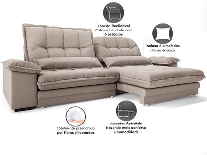 Imagem de Sofá Bergamo 2,30m Assento Retrátil e Reclinável Velosuede Bege - NETSOFAS