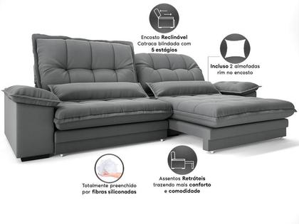 Imagem de Sofá Bergamo 2,30m Assento Retrátil e Reclinável Velosuede Grafite - NETSOFAS
