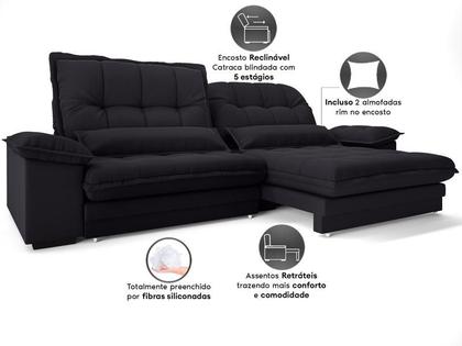 Imagem de Sofá Bergamo 2,30m Assento Retrátil e Reclinável Velosuede Preto - NETSOFAS