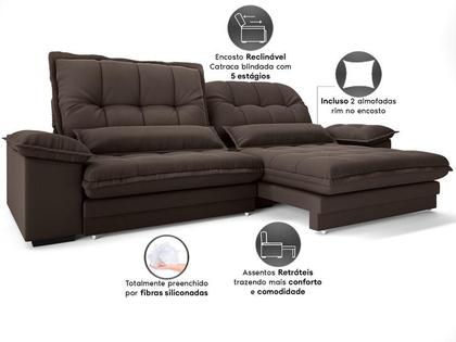 Imagem de Sofa Bergamo 2,50m Assento Retratil e Reclinavel Velosuede Chocolate - NETSOFAS