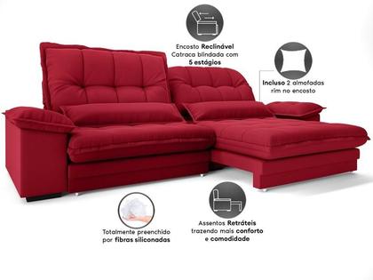 Imagem de Sofá Bergamo 2,50m Assento Retrátil e Reclinável Velosuede Vermelho - NETSOFAS