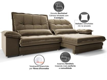 Imagem de Sofá Bergamo 2,50m Retrátil e Reclinável Veludocristal Castor - NETSOFAS