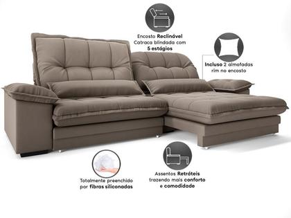 Imagem de Sofá Bergamo 2,90m Assento Retrátil e Reclinável Velosuede Capuccino - NETSOFAS