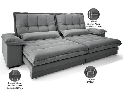 Imagem de Sofá Bergamo 2,90m Assento Retrátil e Reclinável Velosuede Grafite - NETSOFAS