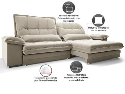 Imagem de Sofá Bergamo 2,90m Retrátil e Reclinável Veludocristal Areia - NETSOFAS