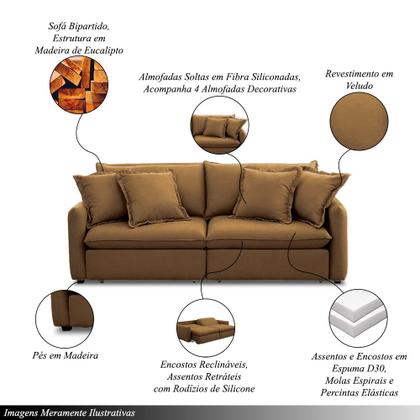 Imagem de Sofá Bipartido 270cm Retrátil Reclinável Almofadas Caixa Zero Sydney Veludo Marrom G93 - Gran Belo