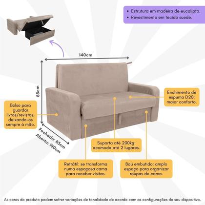 Imagem de Sofá-Cama 140cm 2 Lugares com Baú Multimóveis CR45260
