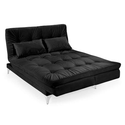 Imagem de Sofá-Cama 3 Lugares Casal com Chaise  Versátil Veludo Liso Preto