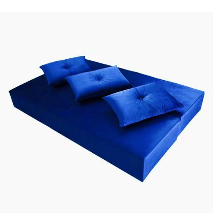 Imagem de Sofá Cama 3em1 em Tecido Suede Azul com Almofadas - Sofá que vira cama Multifuncional 