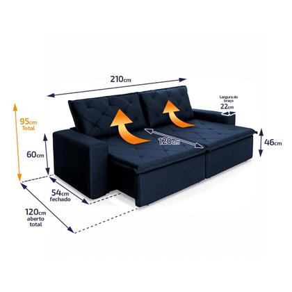 Imagem de Sofá Cama Bangkok Sem Caixa 2,10m Retrátil e Reclinável Com Molas Velut Azul - King House
