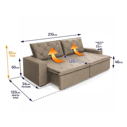 Imagem de Sofá Cama Bangkok Sem Caixa 2,10m Retrátil e Reclinável Com Molas Velut Bege - King House