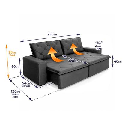 Imagem de Sofá Cama Bangkok Sem Caixa 2,30m Retrátil e Reclinável Com Molas Velut Cinza - King House