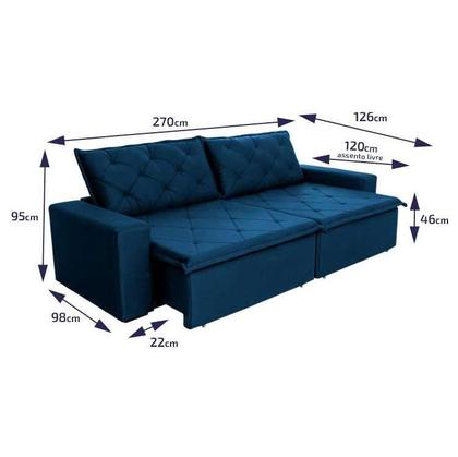 Imagem de Sofá Cama Bangkok Sem Caixa 2,70m Retrátil e Reclinável Com Molas Velut Azul - King House