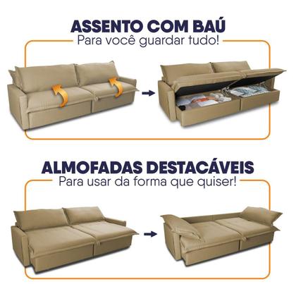 Imagem de Sofá Cama Baú Ravello Sem Caixa 2,76m Linho Bege 3 Lugares