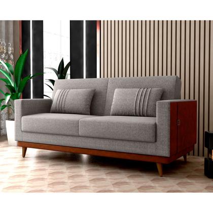 Imagem de Sofá Cama Pala 203cm Reclinável material sintético Marrom  Linho Cinza Claro - Sallar Home