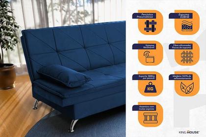 Sofá Cama Pérsia 3 Lugares Suede Velut Azul Marinho - King House Imagem de Sofá Cama Pérsia 3 Lugares Suede Velut Azul Marinho - King House
