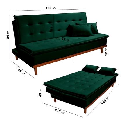 Imagem de Sofá Cama Reclinável Santorini Veludo Pés de Madeira 3 Lugares Casal Premium