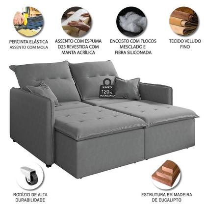 Imagem de Sofá Cama Retrátil E Reclinável 2,10m 3 Lugares Bipartido Com Molas Glamour Veludo Cinza Selmer Cinza