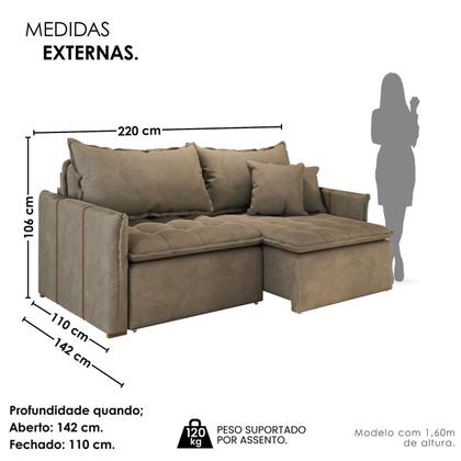 Imagem de Sofá Cama Retrátil em Madeira Eucalipto e Veludo 220cm Creta