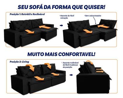 Imagem de Sofá Cama Retrátil Reclinável 3,00m Bangkok Suede Velut Preto molas no Assento - King House