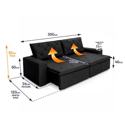 Imagem de Sofá Cama Retrátil Reclinável 3,00m Bangkok Suede Velut Preto molas no Assento - King House