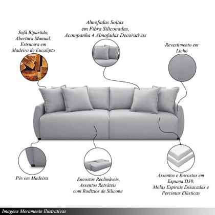 Sofá Cama Sala de Estar Bipartido 210cm Reclinável Retrátil com Almofadas Caixa Zero Timan Linho Cinza G93 - Gran Belo Imagem de Sofá Cama Sala de Estar Bipartido 210cm Reclinável Retrátil com Almofadas Caixa Zero Timan Linho Cinza G93 - Gran Belo