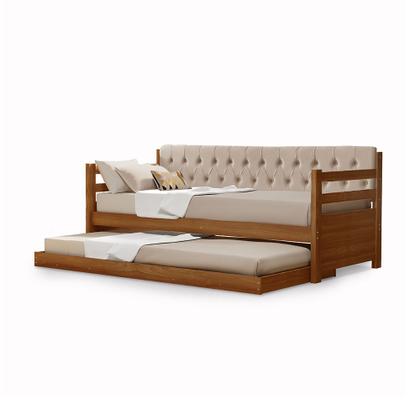 Imagem de Sofá Cama Solteiro Verona Castanho Estofado Capitonê Veludo Bege com Cama Auxiliar