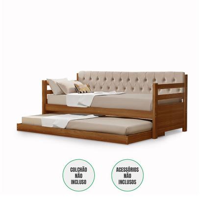 Imagem de Sofá Cama Solteiro Verona Castanho Estofado Capitonê Veludo Bege com Cama Auxiliar
