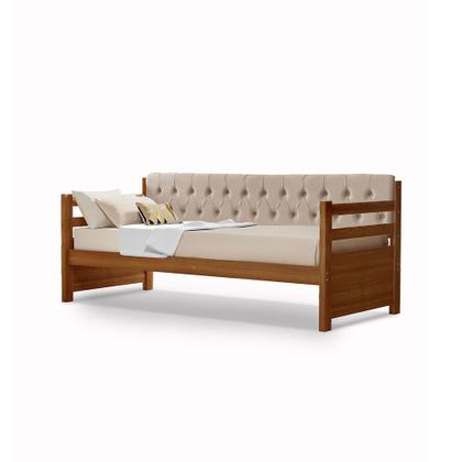 Imagem de Sofá Cama Solteiro Verona Mona Castanho Estofado Capitonê Veludo Bege Acompanha 1 Colchão