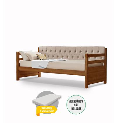 Imagem de Sofá Cama Solteiro Verona Mona Castanho Estofado Capitonê Veludo Bege Acompanha 1 Colchão
