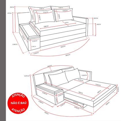 Imagem de Sofá Cama USB com Tampo Lateral Direito Tecido Acquablock Medida 180cm