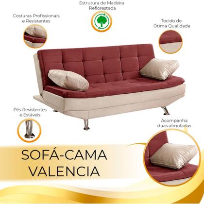 Imagem de Sofá Cama Valencia 3 Lugares Reclinável Material Vinho com Marfim - Star Confort