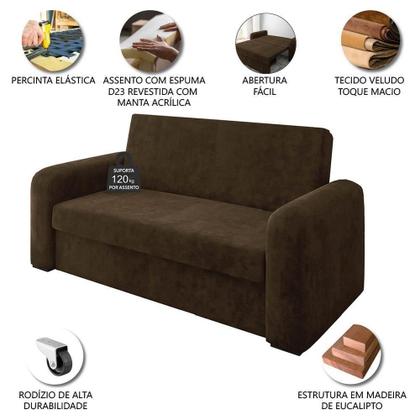 Imagem de Sofá Cama Versátil 2 Lugares Veludo Selmer Marrom