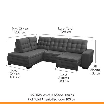 Imagem de Sofá Canto Chaise 5 Lugares Retrátil Reclinável 285 Cm Mola Bonnel Pillow Rio Veludo Cinza - SóSofá