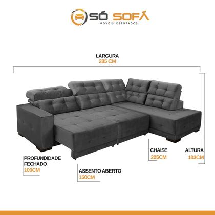 Imagem de Sofá Canto Chaise D Retrátil 285 Cm 6 Lugares São Paulo Reclinável Mola D26 Veludo Cinza - SóSofá