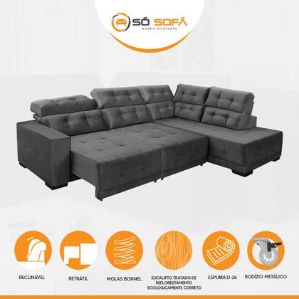Imagem de Sofá Canto Chaise D Retrátil 285 Cm 6 Lugares São Paulo Reclinável Mola D26 Veludo Cinza - SóSofá