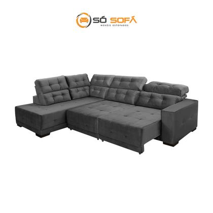 Imagem de Sofá Canto Chaise E Retrátil 285 Cm 6 Lugares São Paulo Reclinável Mola D26 Veludo Cinza - SóSofá