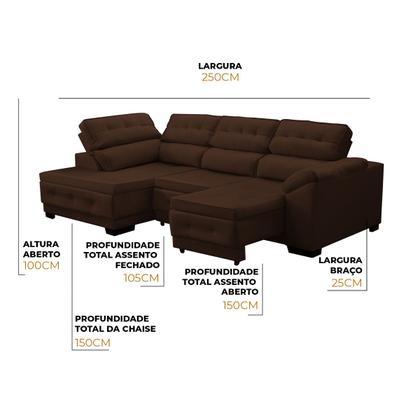 Imagem de Sofá Canto Chaise Luiza 5 Lug Retrátil Reclinável 250Cm Mola Bonnel Pillow Veludo Marrom - SóSofá