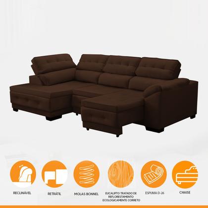 Imagem de Sofá Canto Chaise Luiza 5 Lug Retrátil Reclinável 250Cm Mola Bonnel Pillow Veludo Marrom - SóSofá