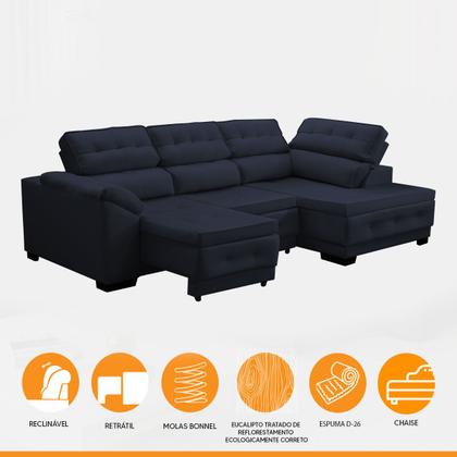 Imagem de Sofá Canto Chaise Luiza 5 Lugares Retrátil Reclinável 250Cm Mola Pillow Veludo Azul Marinho - SóSofá