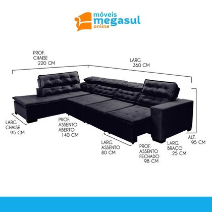Sofá Canto com Chaise Retrátil e Reclinável 7 Lugares 360x220cm Preto Sttilo Megasul Imagem de Sofá Canto com Chaise Retrátil e Reclinável 7 Lugares 360x220cm Preto Sttilo Megasul