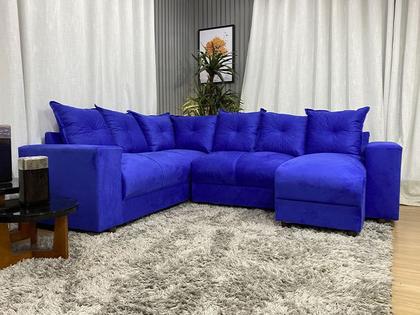 Sofá Canto Compacto e Confortável Azul 910 Áustria - Alpoim Imagem de Sofá Canto Compacto e Confortável Azul 910 Áustria