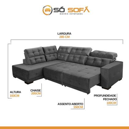 Imagem de Sofá Canto Retrátil 6 Lugares Grande 2,85x2,05 de Fábrica Reclinável Mola Veludo Cinza - SóSofá