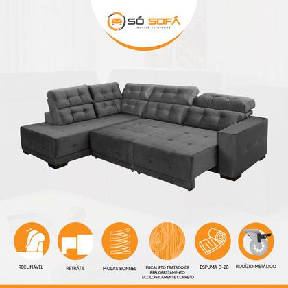 Imagem de Sofá Canto Retrátil 6 Lugares Grande 2,85x2,05 de Fábrica Reclinável Mola Veludo Cinza - SóSofá