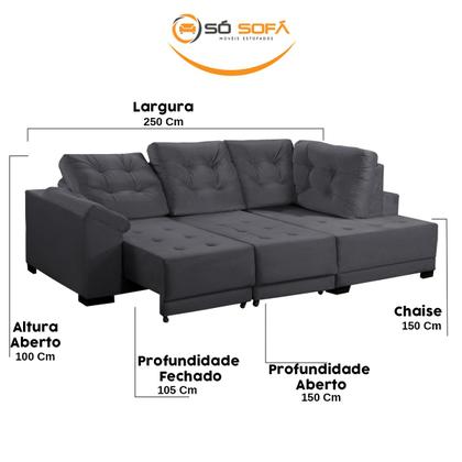 Imagem de Sofá Chaise Canto 5 Lugares 250 Cm Mola Bonnel Cama Retrátil D26 Luxury Suede Cinza - SóSofá