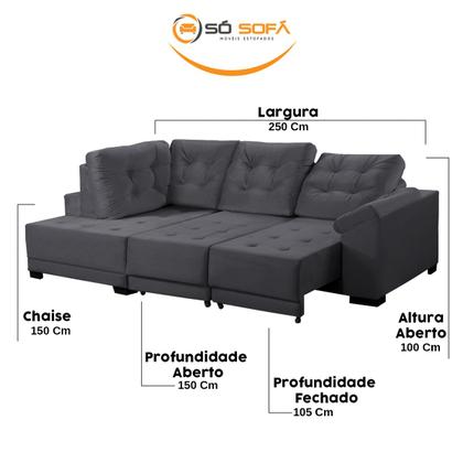 Imagem de Sofá Chaise Canto 5 Lugares 250 Cm Mola Bonnel Cama Retrátil D26 Luxury Suede Cinza - SóSofá